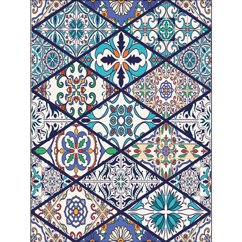 Skorter | American Moroccan rug in blue diamond flower pattern rug polyester non-slip washable rug for home decor