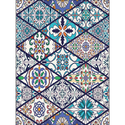 Skorter | American Moroccan rug in blue diamond flower pattern rug polyester non-slip washable rug for home decor