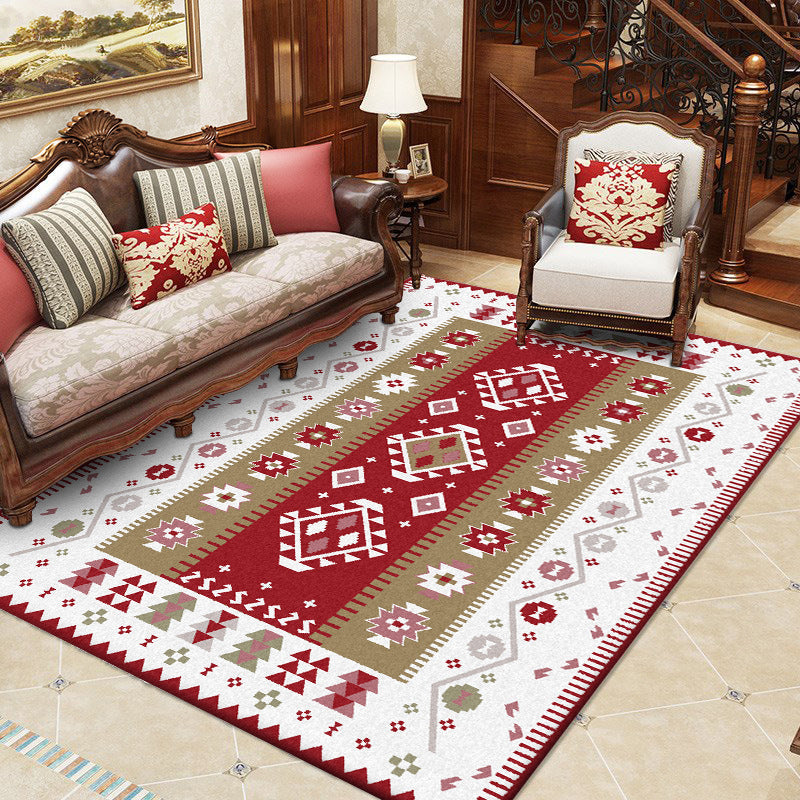 Skorter | Base Southwest Carpet in Red and White Diamond Wave Pattern Carpet Polyester Pet-Friendly Carpet for Home Decor
