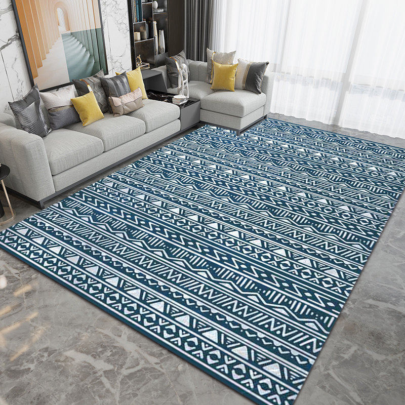 Skorter | Blue Bedroom Rug Southwestern Stripes Triangle Pattern Area Rug Polyester Washable Non-Slip Rug