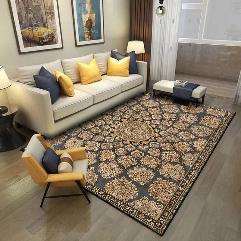 Skorter | Brown Bedroom Rug Southwestern Floral Circle Geometric Pattern Area Rug Polyester Stain-Resistant Rug
