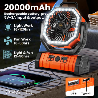 Skorter | 3-in-1 Camping Fan with LED Light & 20000mAh Power Bank – USB Rechargeable & Wireless