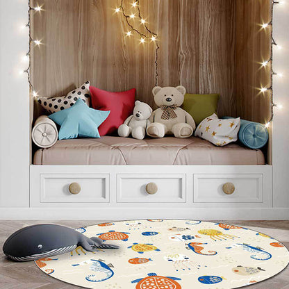 Skorter | Casual Kids Rug in Ivory Animal Turtle Jellyfish Hippocampus Pattern Rug Polyester Washable Rug for the Children's Room