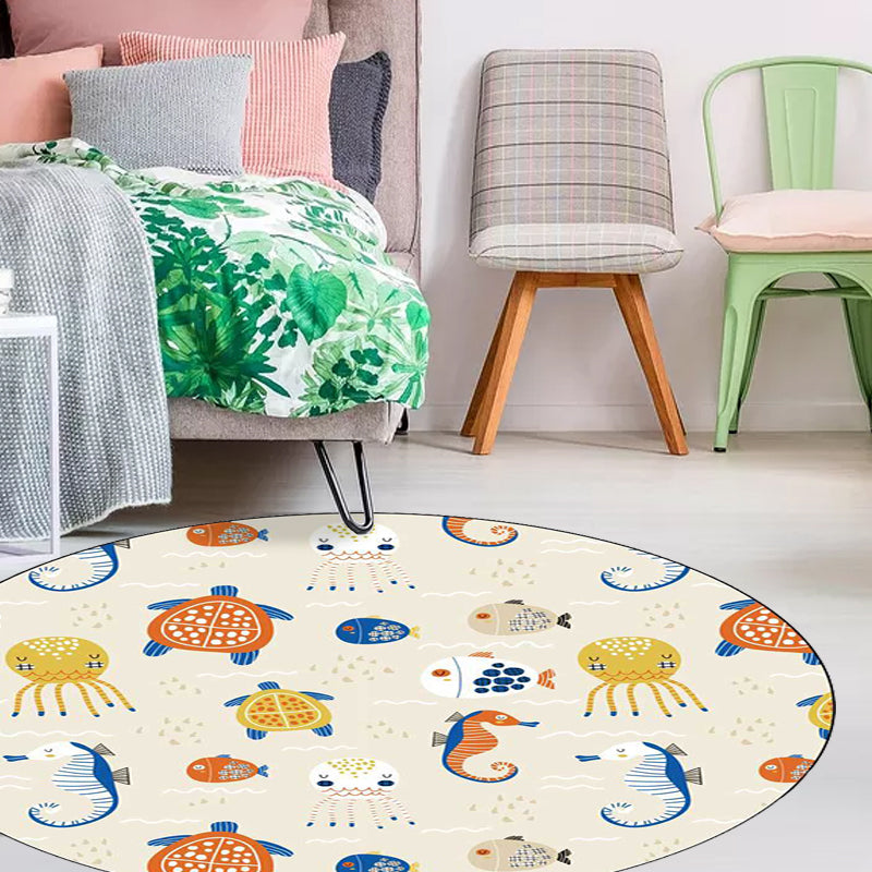 Skorter | Casual Kids Rug in Ivory Animal Turtle Jellyfish Hippocampus Pattern Rug Polyester Washable Rug for the Children's Room