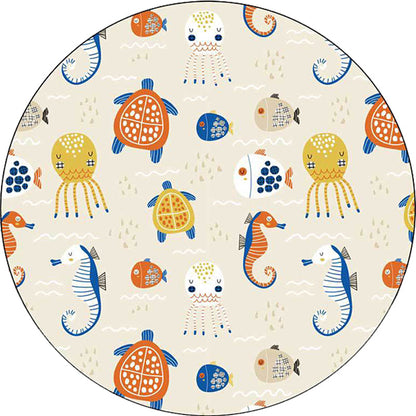Skorter | Casual Kids Rug in Ivory Animal Turtle Jellyfish Hippocampus Pattern Rug Polyester Washable Rug for the Children's Room