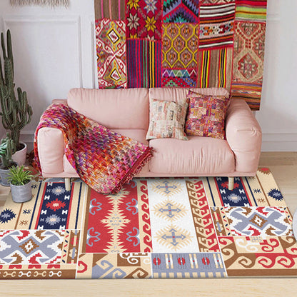 Skorter | Americana Southwestern Rug in Red and Brown Tribal Geometry Pattern Rug Polyester Washable Rug for Home Decor