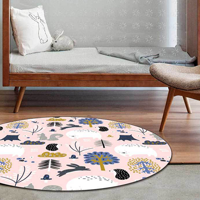 Skorter | Children's room rug in Pink Animal Rabbit Hedgehog Bear Print Rug Polyester Non-slip Washable Rug Area
