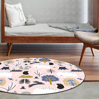 Skorter | Children's room rug in Pink Animal Rabbit Hedgehog Bear Print Rug Polyester Non-slip Washable Rug Area