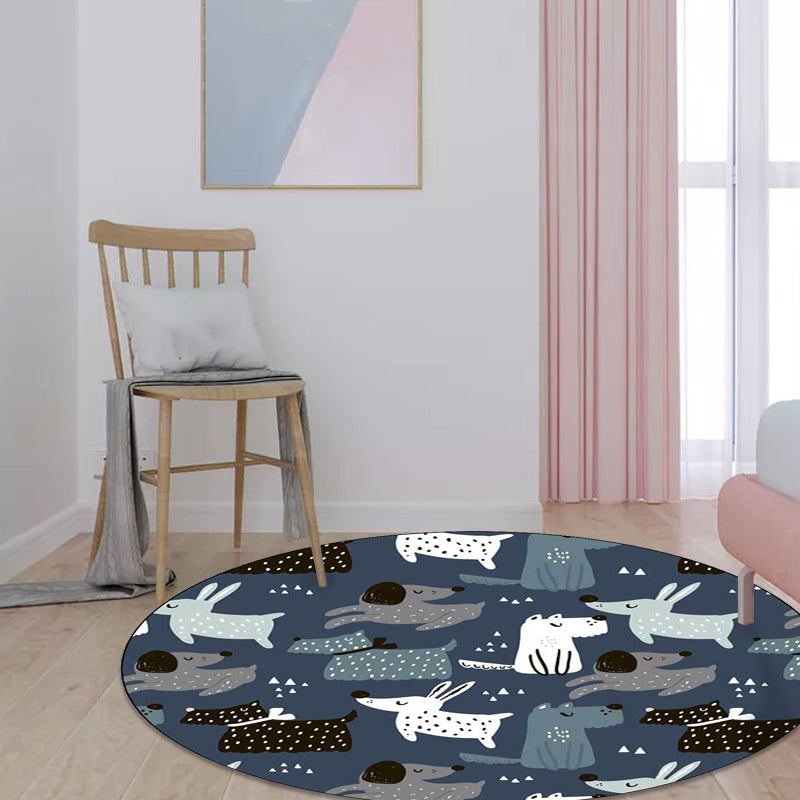 Skorter | Casual Kids Carpet in Blue Animal Rabbit Dog Pattern Carpet Polyester Stain Resistant Washable Carpet for the Children's Room