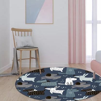Skorter | Casual Kids Carpet in Blue Animal Rabbit Dog Pattern Carpet Polyester Stain Resistant Washable Carpet for the Children's Room