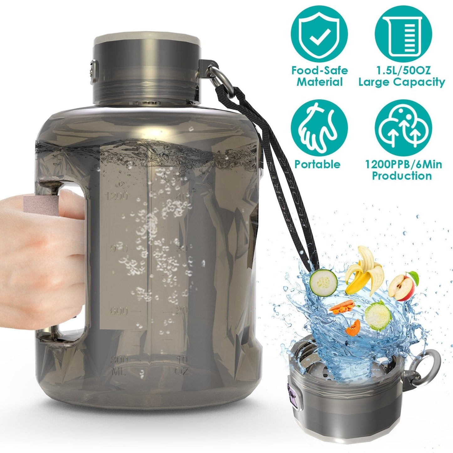 Skorter | 1.5L Large Capacity Portable Rechargeable Hydrogen Water Bottle 6 Min. Fast Electrolysis