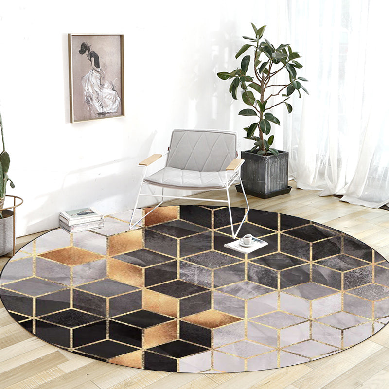Skorter | Black and Gray Modern Rug Polyester Geometric Print Rug Washable Non-Slip Back Rug for Living Room