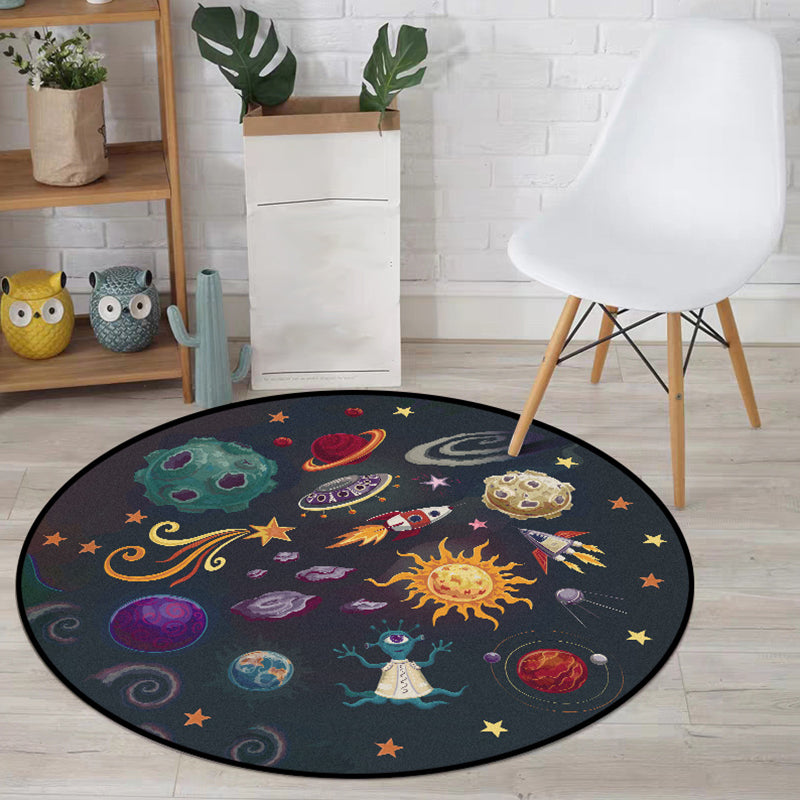 Skorter | Children's room carpet in black space alien planet rocket print carpet polyester machine washable area rug
