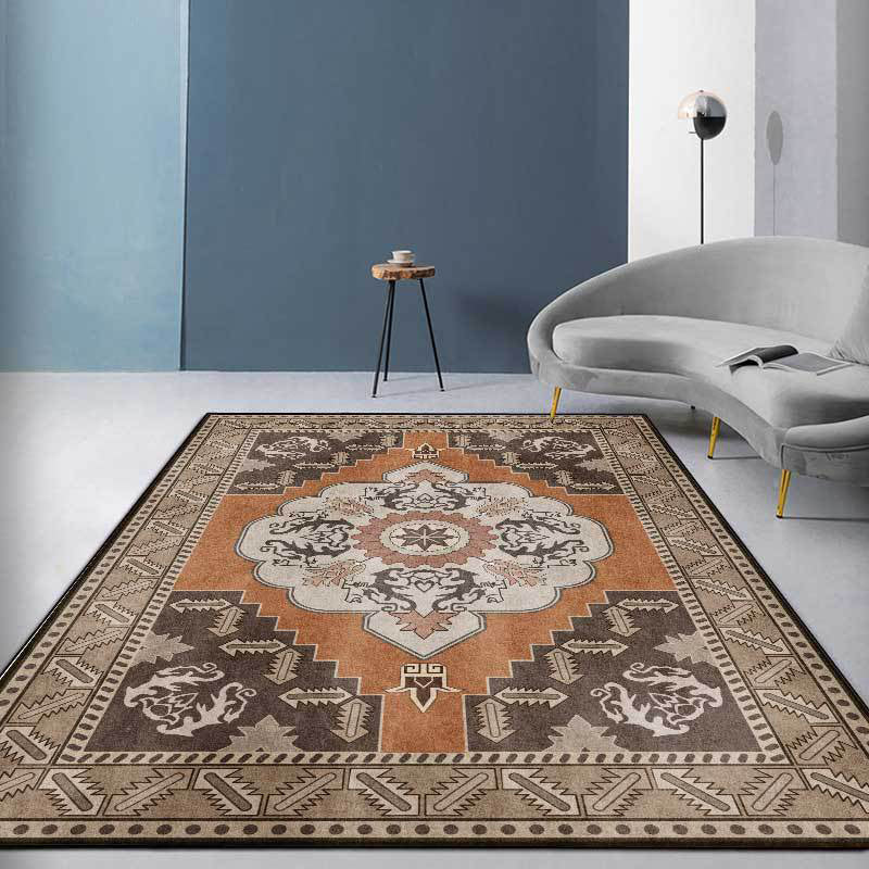 Skorter | Brown Persian carpet polyester medallion and floral pattern carpet washable non-slip backing carpet for the living room