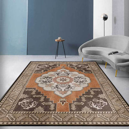 Skorter | Brown Persian carpet polyester medallion and floral pattern carpet washable non-slip backing carpet for the living room