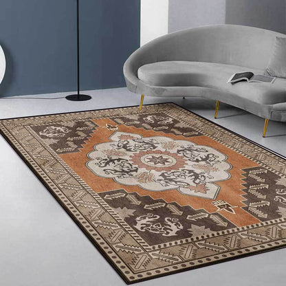 Skorter | Brown Persian carpet polyester medallion and floral pattern carpet washable non-slip backing carpet for the living room