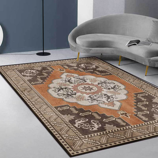 Skorter | Brown Persian carpet polyester medallion and floral pattern carpet washable non-slip backing carpet for the living room