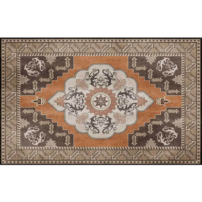 Skorter | Brown Persian carpet polyester medallion and floral pattern carpet washable non-slip backing carpet for the living room