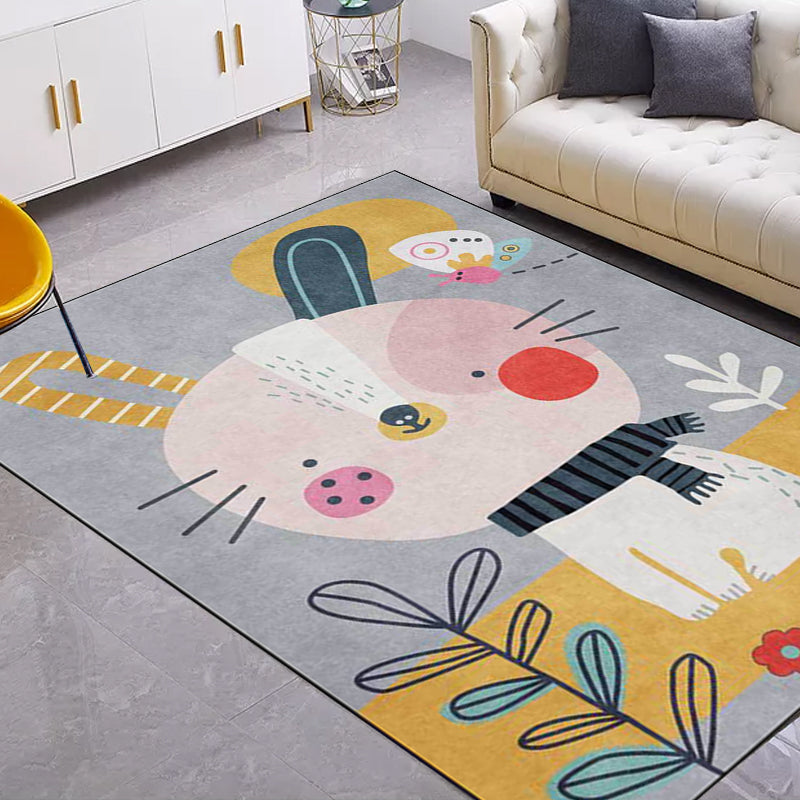 Skorter | Casual Kids Rug in Gray Animal Rabbit Floral Leaf Pattern Rug Polyester Pet-Friendly Washable Rug for Children's Room