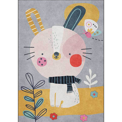 Skorter | Casual Kids Rug in Gray Animal Rabbit Floral Leaf Pattern Rug Polyester Pet-Friendly Washable Rug for Children's Room