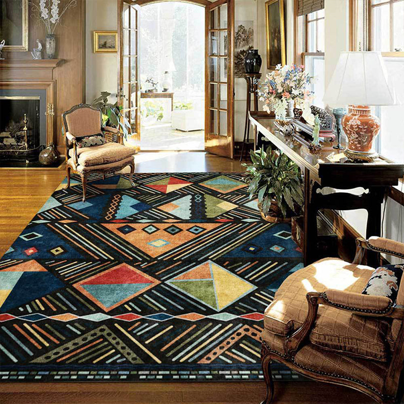 Skorter | Blue multicolored tribal rug polyester geometric and striped pattern rug washable non-slip backing rug for living room