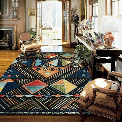 Skorter | Blue multicolored tribal rug polyester geometric and striped pattern rug washable non-slip backing rug for living room