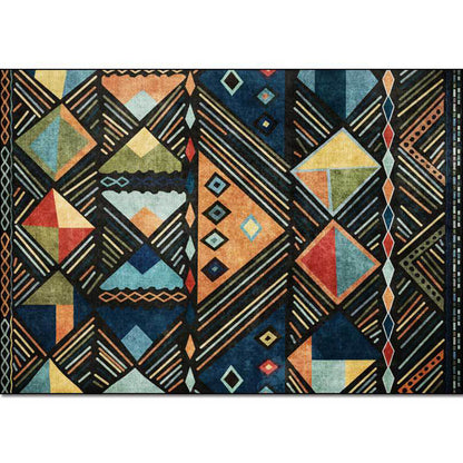 Skorter | Blue multicolored tribal rug polyester geometric and striped pattern rug washable non-slip backing rug for living room