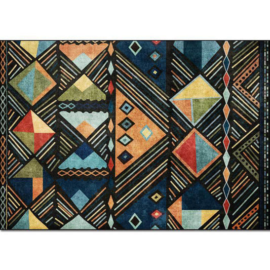 Skorter | Blue multicolored tribal rug polyester geometric and striped pattern rug washable non-slip backing rug for living room
