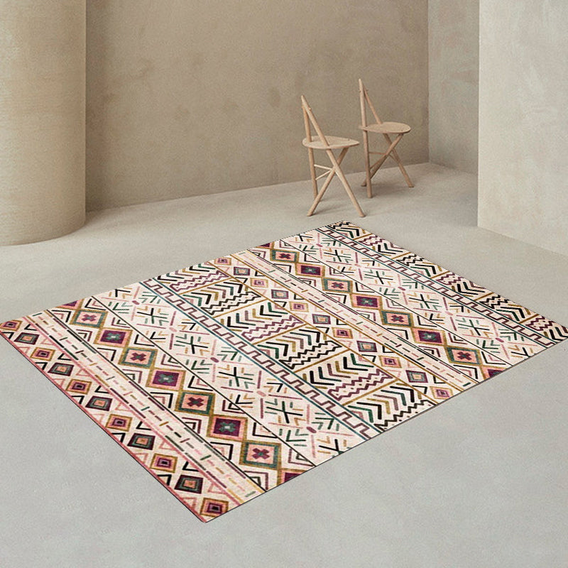 Skorter | Beige Tribal Rug Polyester Geometric and Striped Pattern Rug Washable Non-Slip Back Rug for Living Room
