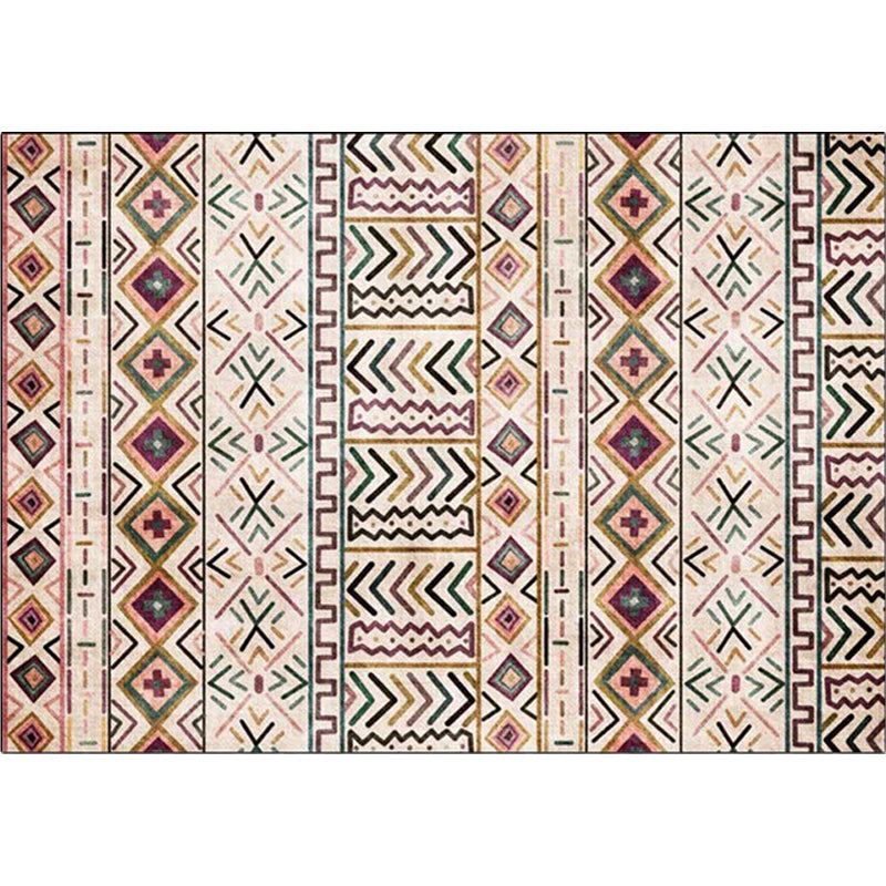 Skorter | Beige Tribal Rug Polyester Geometric and Striped Pattern Rug Washable Non-Slip Back Rug for Living Room