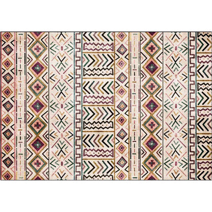 Skorter | Beige Tribal Rug Polyester Geometric and Striped Pattern Rug Washable Non-Slip Back Rug for Living Room