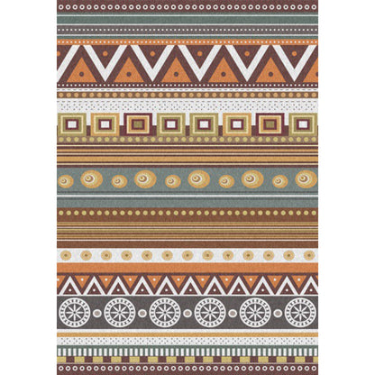 Skorter | Brown Tribal Rug Polyester Geometric and Striped Pattern Rug Washable Non-Slip Back Rug for Living Room