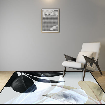 Skorter | Black and White Oriental Carpet Polyester Leaf Pattern Carpet Washable Non-Slip Backing Rug for Living Room