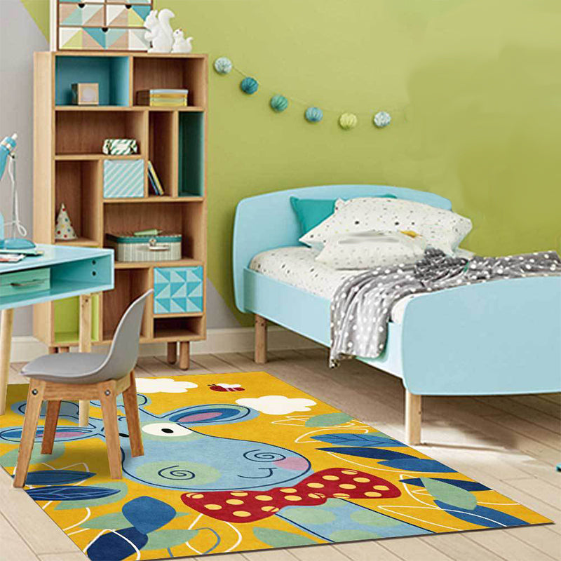 Skorter | Children's Bedroom Rug in Blue and Yellow Animal Giraffe Cloud Leaf Print Rug Polyester Washable Rug