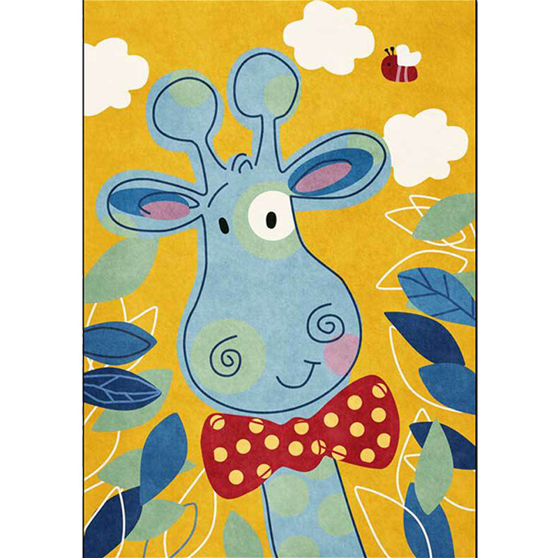 Skorter | Children's Bedroom Rug in Blue and Yellow Animal Giraffe Cloud Leaf Print Rug Polyester Washable Rug