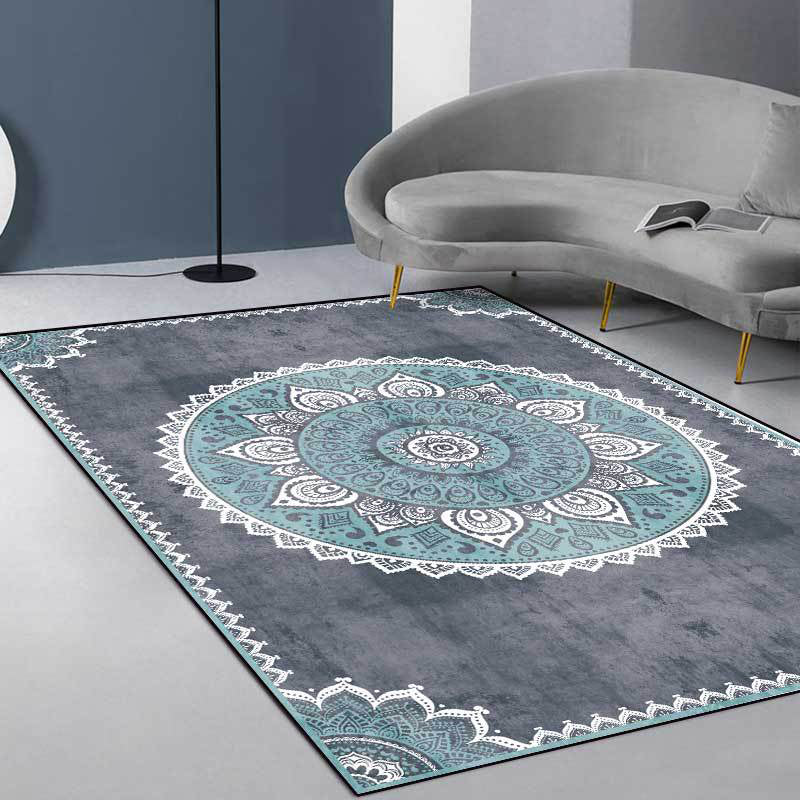 Skorter | Blue and Gray Moroccan Carpet Polyester Floral Pattern Washable Carpet Non-slip Back Carpet for Living Room