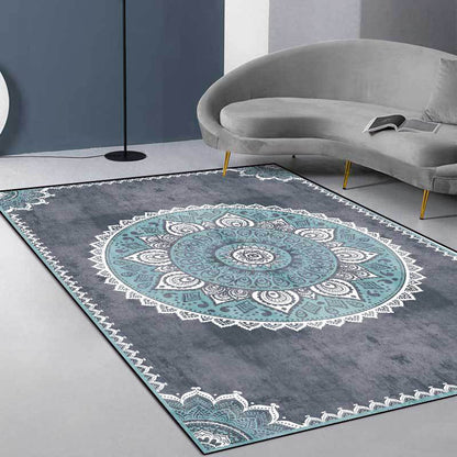 Skorter | Blue and Gray Moroccan Carpet Polyester Floral Pattern Washable Carpet Non-slip Back Carpet for Living Room