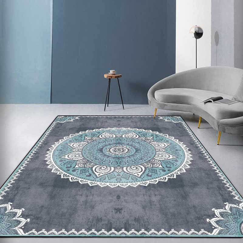 Skorter | Blue and Gray Moroccan Carpet Polyester Floral Pattern Washable Carpet Non-slip Back Carpet for Living Room
