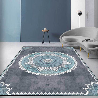 Skorter | Blue and Gray Moroccan Carpet Polyester Floral Pattern Washable Carpet Non-slip Back Carpet for Living Room