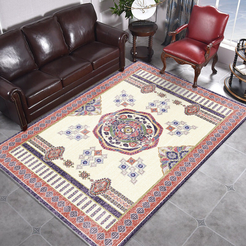 Skorter | Beige and Red Vintage Carpet Polyester Medallion Pattern Carpet Washable Non-Slip Underlay Carpet for Living Room