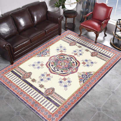Skorter | Beige and Red Vintage Carpet Polyester Medallion Pattern Carpet Washable Non-Slip Underlay Carpet for Living Room
