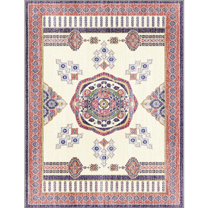 Skorter | Beige and Red Vintage Carpet Polyester Medallion Pattern Carpet Washable Non-Slip Underlay Carpet for Living Room