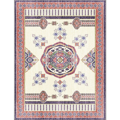 Skorter | Beige and Red Vintage Carpet Polyester Medallion Pattern Carpet Washable Non-Slip Underlay Carpet for Living Room