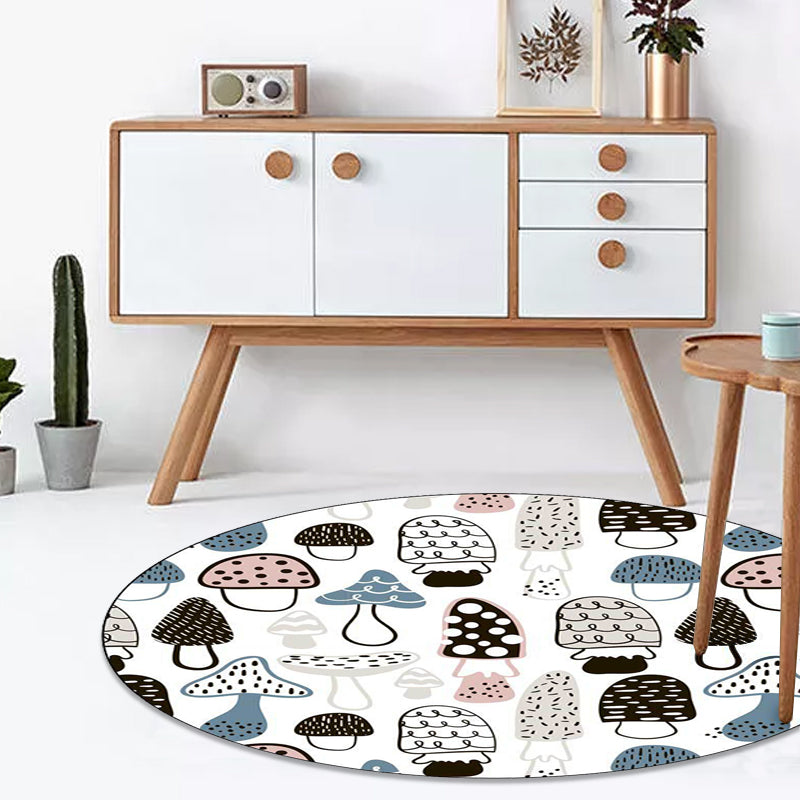 Skorter | Children's Bedroom Rug in White Botanical Mushroom Print Rug Polyester Non-Slip Back Washable Rug