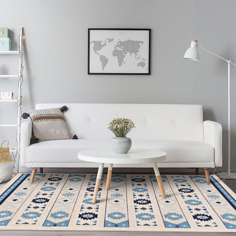 Skorter | Blue and brown tribal rug striped polyester and tribal pattern rug washable non-slip backing rug for living room