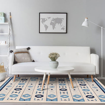 Skorter | Blue and brown tribal rug striped polyester and tribal pattern rug washable non-slip backing rug for living room