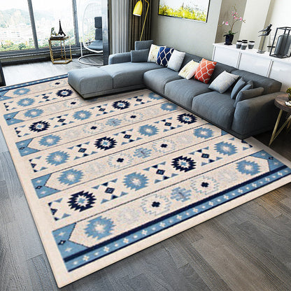 Skorter | Blue and brown tribal rug striped polyester and tribal pattern rug washable non-slip backing rug for living room