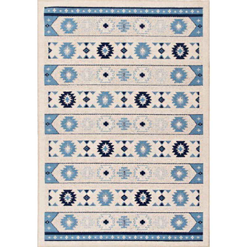 Skorter | Blue and brown tribal rug striped polyester and tribal pattern rug washable non-slip backing rug for living room