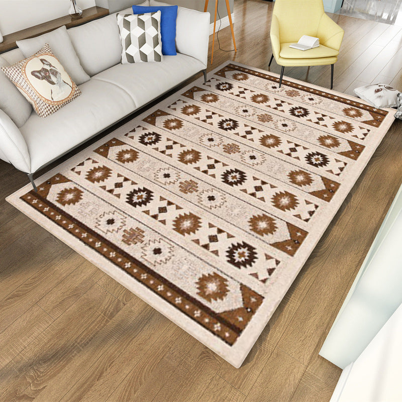 Skorter | Blue and brown tribal rug striped polyester and tribal pattern rug washable non-slip backing rug for living room