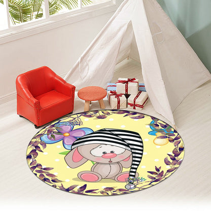 Skorter | Beautiful cartoon mouse pattern carpet with flower and leaf pattern Yellow children's carpet Polyester Washable Non-slip area rug for the children's room
